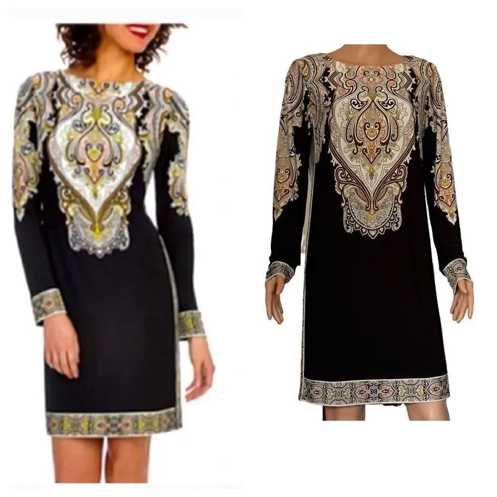 Donna Morgan Black & Yellow Paisley Long Sleeve Shift Dress Size 10